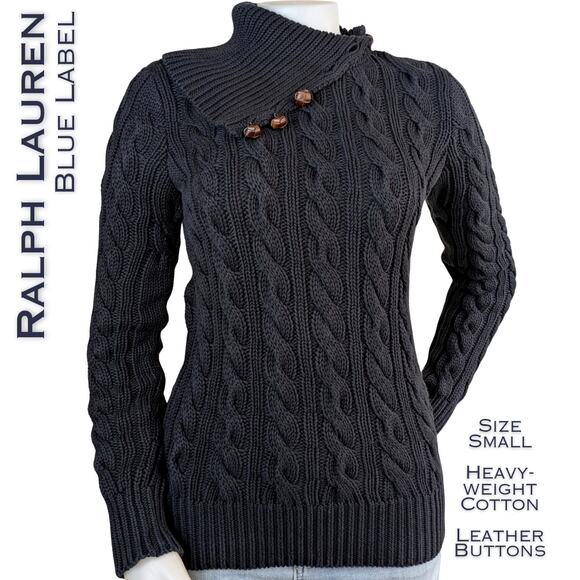 Ralph Lauren Blue Label Sweaters - Ralph Lauren Womens Sweater Small Black Cable Knit Turtleneck Leather Buttons